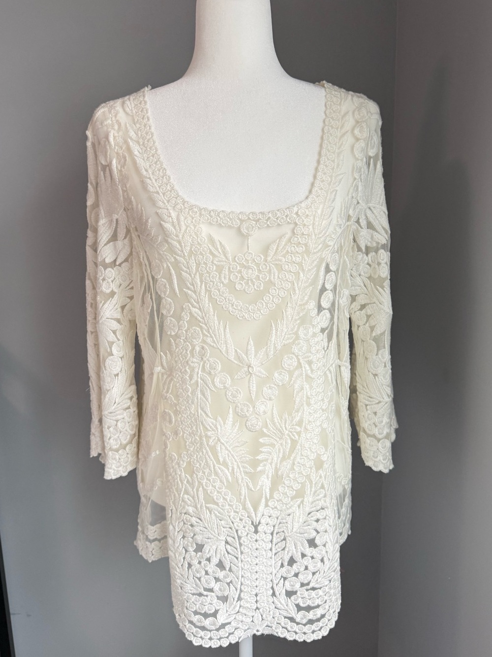 Ivory Cream Embroidered Crochet Tunic Top Blouse by Boston Proper Swim Coverup